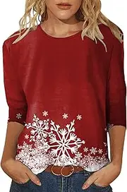 [Generic] Womens Daily Christmas Print O Neck Tops Three Quarter Sleeve Round Neck Tee Shirt Printed Flower Loose Side Split Blouse Tunic Womens Long Sleeve Button Down Shirt (d-Wine, S)