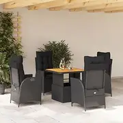 Outdoor Furniture Sets Poly Rattan Patio Set, Table Chair, Reclining Chair, Garden, Chairs, Balcony - 5 Piece Black Dining Set with Cushions