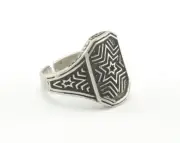 Signet Star Textured Adjustable Ring Antique Silver Plated Brass 10US size 2242