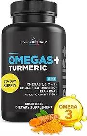 Livingood Daily Omegas + Turmeric, 60 Softgels - (EPA & DHA) Fish Oil Omega 3-6-7-9 Plus Turmeric Curcumin - The Best Combination of Organic Turmeric Supplement and Fish Oil Omega 3 Supplement