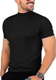 [Runcati] Mens Casual Slim Fit Basic Tops Short Sleeve Shirt Turtleneck T Shirts Rib Knitted Stretch Pullover Sweater