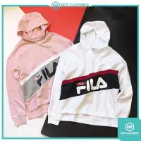 在飛比找Yahoo!奇摩拍賣優惠-DOT 聚點 FILA 斜槓 大LOGO 連帽 帽T 白藍紅