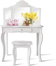 HONEY JOY 2 in 1 Kids Vanity Table & Chair Set, Princess Makeup Dressing Table with Drawer & Tri-Folding Mirror, Vanity Set with Detachable Top for Girls (White)