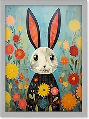 Funny Bunny Illustration Modern Floral Rabbit Animal Artwork for Kids Bedroom or Baby Nursery Artwork Framed A3 Wall Art Print