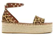 Valentino Rockstud Leopard Black Ankle Strap Platform Espadrille Wedge Sandal 38