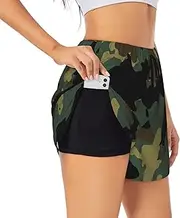 [WURTON] Camouflage Pattern Print Exercise Gym Workout Shorts Women's Athletic Shorts Dual-Layered Yoga Running Shorts