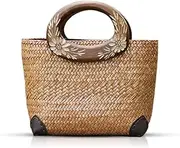 [QTKJ] Beach Bag for Women, Straw Bag, Handmade Rattan Bag, Summer Tote Bag Flowers Engraving Wooden Handle, Boho Retro Straw Woven Handbag Suitable for Vacation Travel Daily, Khaki