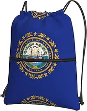 EdWal New Hampshire State Flag Print Drawstring Backpack Gym Bags Sports Bags With Zipper Pocket For Travel Beach, Black, One Size