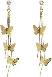 [BIECWIAY] 18K Gold Plated Dainty Vivid Butterfly Tassel Earrings Silver Post CZ 3D butterfly Drop Dangle Earrings Fairy Earrings for Women Girls
