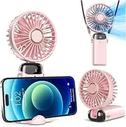 Portable Handheld Fan, Battery Operated Fan with Base, Hanging Neck Portable Fan, 5 Speeds, 90° Ajustable, Rechargeable Mini Fan for Outdoor Indoor (Pink)