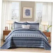 Quilt Set,100% Cotton Bohemian Bedspread Boho Quilt Size Navy Queen Navy White