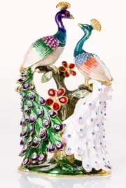 Hand Painted Pair of Peacocks Figurine Enamel Hinged Jewelry Trinket Box Gift