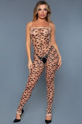 sexy BE WICKED sheer FOOTLESS crochless LEOPARD PRINT bodystocking BODY stocking
