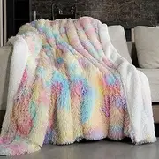 Pawque Faux Fur Throw Blankets 50x60 Inches, Soft Fuzzy Sherpa Blankets for Sofa, Couch and Bed,Plush Fluffy Fleece Blankets, Long Hair Blanket, Rainbow