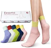 [Eessmo] 5 Pairs Grip Pilates Socks with Grip for Women, Non-slip Grippy Crew Socks for Yoga Barre Ballet Workout, 02a, 5-9