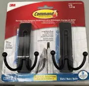 Command Bath Large Matte Black Double Hooks, 2pk New