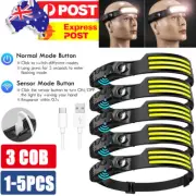 3COB Waterproof LED Motion Sensor Head Torch Headlight USB Rechargeable Headlamp