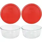 Pyrex 7203 7-Cup Round Glass Food Storage Bowl w/ 7402-PC Poppy Red Lid (2-Pack)