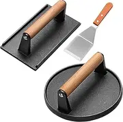 VenxyKod Burger Press Kit, Blackstone Hamburger Patty Maker Heavy Duty Cast Iron Grill Press Wooden Handle Press Grill Sandwich Maker, Bacon, Steak(Round and Rectangular)