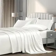 P Pothuiny 6 Pieces Queen Satin Sheets Luxury Silky Ivory White Satin Bedding Sheet Set, 1 Deep Pocket Fitted Sheet + 1 Flat Sheet + 4 Pillow Cases