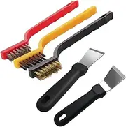 ZAOIIZ 5Pcs Kitchen Stove Cleaning Brush + Scraper Tool Set, Brass, Stainless Steel and Nylon Brush Head Brushes for Range Hood Grease Grime, Heavy Duty Scraper for Gas Burners Cooktop Pot Pan