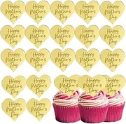 25Pcs Happy Mothers Day Cupcake Topper Acrylic Mirror Disc Heart Cake Engraved Cake Topper Cupcake Decorations for Mother's Day (Gold)