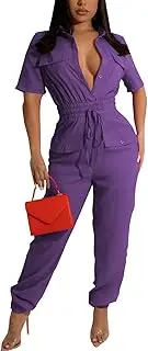 [ZonJie] Women's Summer Casual Jumpsuits Short Sleeve Button Up Cute Loose Drawstring Waist Wide Leg Jumpsuit Romper, 923purple, Medium