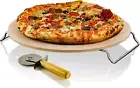 OVENTE Ceramic Flat 13 Inch Pizza Stone Set with Crust Cutter Wheel & Metal Rack