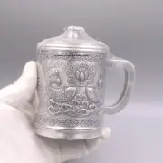 Pure S999 Fine Silver Drinking Cup With Lid Handle Carved Fish Coffee Cup 4.7in