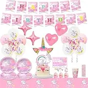 Unicorn Party Supplies, 16 Guests Unicorn Party Decorations&Unicorn Birthdays Tableware Set - Unicorn Paper Plates Napkins Table Cloth Balloon Banner Headband etc Unicorn Birthday Party Supplies