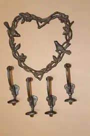 Vintage Style Cast Iron Wild Birds Birdwatcher Wall Decor Hooks, Big Hearts 4