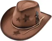 YFVFAGDMKV Vintage Roll Up Brim Western Style Cowboy Hat for Men Women Gentleman Lady Felt Jazz Hats Wide Brimmed Sun Hat(4)