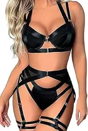 [Generic] Women's Lingerie Set 4 Pieces Suspender Lingerie with Thigh Cuffs Strappy Underwear Set with Garter Belt (Black, M)
