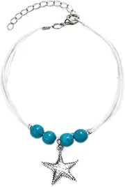 [Generic] Boho Layered Starfish Anklet Turquoise Bead Anklet Anklet Bracelet Silver Starfish Anklet Adjustable Rope Anklet Foot Chain Jewelry for Women