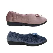 Grosby Viola Ladies Slippers Slip on Velour Upper Floral Patterned Bow Front