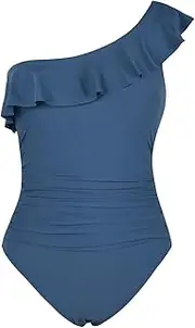 [Hilor] Women's One Piece Swimsuits One Shoulder Swimwear Asymmetric Ruffle Monokinis Bathing Suits Aquamarine Blue 14