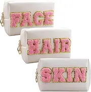 Chenille Letter Patch Makeup Bag, Preppy Cosmetic Bag PU Leather Skincare Bag with Zipper, Toiletry Bag Waterproof Travel Organizer Bag for Women Face Hair Skin Makeup Bag 3 Pcs