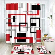Geometric Red and Gray Bathroom Set with Shower Curtain and Rugs Accessories ...