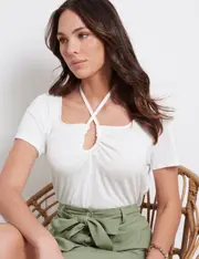 Katies Short Sleeve Tie Neck Top