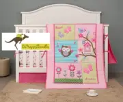 New Baby Girls 4 Pieces Cotton Nursery Bedding Crib Cot Sets-- Owl Tree Design