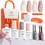 Modelones Gel Nail Polish Kit with U V Light, 4 Colors Gel Mini Salon, Base&Top Coat and Stickers, Milky White Nude Pink Glitter Fall Manicure Set, DIY Home Nail Art Decoration Kit, Gift for Women