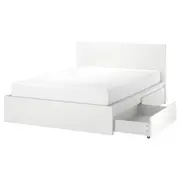 MALM bed frame, high, w 2 storage boxes, white/Luröy, Double