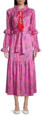 $450 CYNTHIA ROWLEY Sanibel Cotton Maxi Dress M Pink Floral Tie-Neck Belted