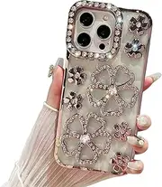 SANHERW for iPhone 14 Pro Max Case with Rhinestone Diamond Flower, [ Cute Glitter Bling 3D Rhinestone Floral ] Luxury Sparkly Shiny Slim Shockproof Women Girls Case for iPhone 14 Pro Max - Pink