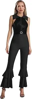 [Sinleey] Womens Sequin Sleeveless Disco Jumpsuit Tiered Bell Bottom Hippie Romper S Disco Costume