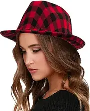 [IZUS] Women Red Plaid Manhattan Trilby Hat Short Brim Gangster Jazz Caps Classic Red Black Plaid Fedora Hat for Men 23" M