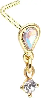 [Pierced Owl] 20GA Gold Plated 316L Stainless Steel Aurora Borealis Teardrop with Dangling Gem L-Bend Nose Stud, 20ga, Metal, no gemstone