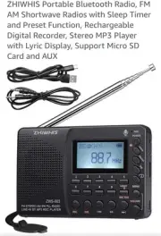 ZHIWHIS Portable Bluetooth Radio, FM AM Shortwave Radios with Sleep Timer and