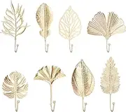 8Pcs Leaf Shape Wall Mounted Hooks | Decorative Metal Leaves Hooks | Gold Hanging Clothes & Towel Hangers for Entryway, Bathroom & Bedroom