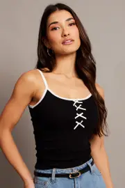 Black Ribbon Top Singlet - Size 10, Women's Singlet